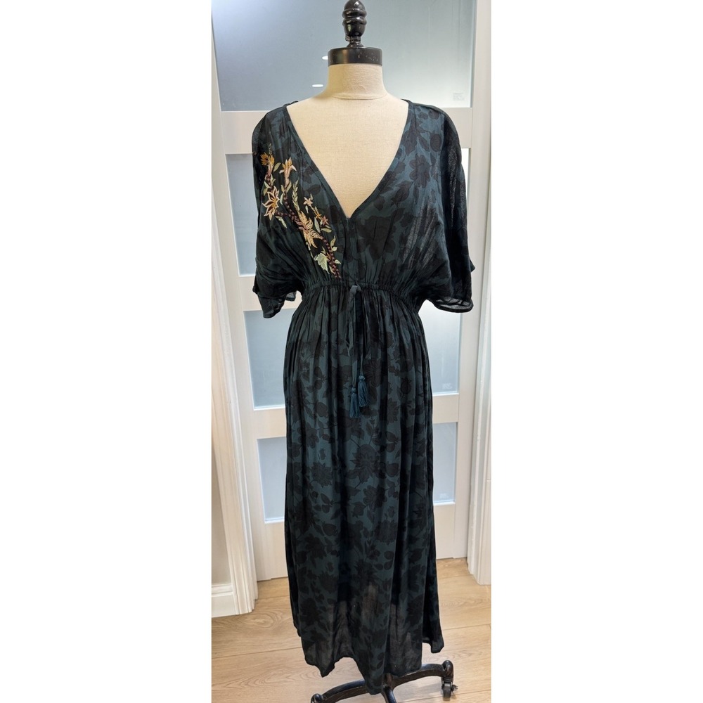 Cost Plus World Market Dark Teal Floral Embroidered Midi Dress